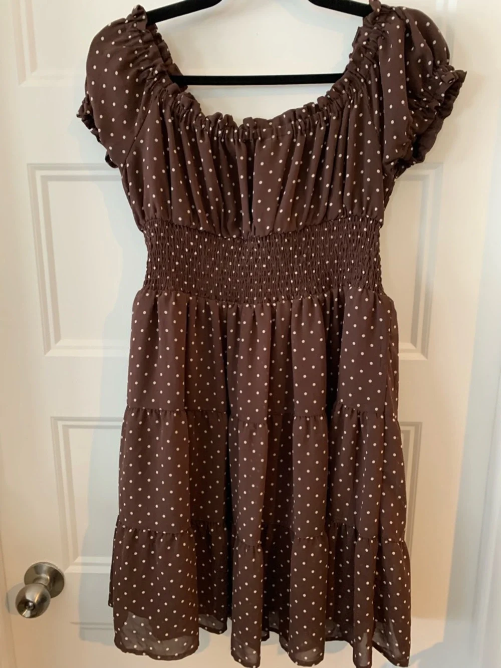 Dynamite brand , women's Brown Polka Dot Tiered Ruffle lined Dress chiffon - Picture 3 of 3